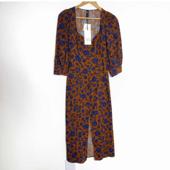 NWT Zara Dress Midi Length Button Front Convertible Duster Dress Brown Blue XS - Picture 2 of 16